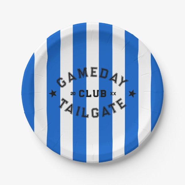 Gameday Tailgate Club Blue Stripe Custom Party Paper Plates (Front)