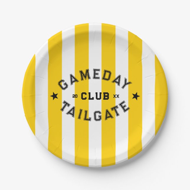 Gameday Tailgate Club Yellow Stripe Custom Party Paper Plates (Front)