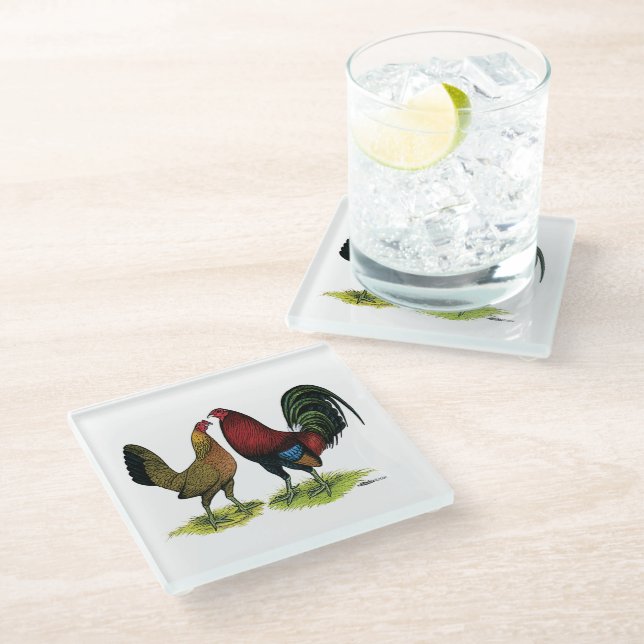 Gamefowl Pair Glass Coaster (Angled)
