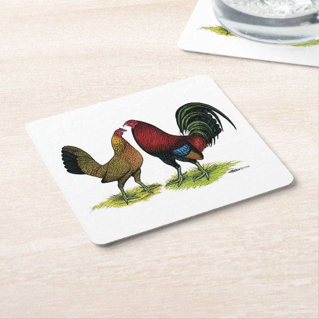 Gamefowl Pair Square Paper Coaster (Angled)