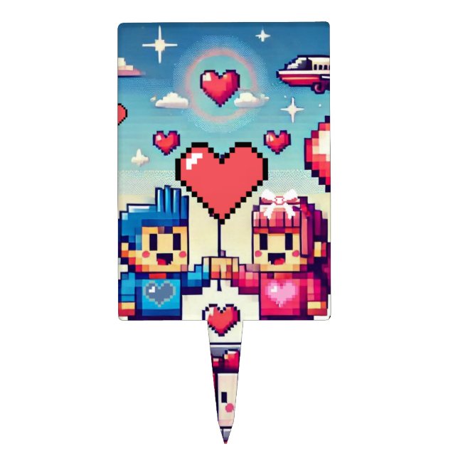 Gamer 8 bit Valentine's Day  Cake Topper (Front)