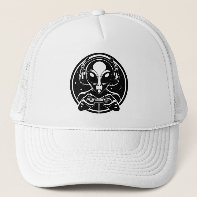 Gamer Alien with Controller and Headphones Trucker Hat (Front)
