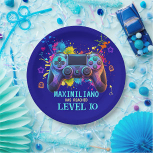 Gamer Birthday Blue Splatter Paint Video Game Paper Plates
