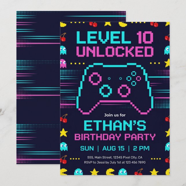 Gamer Birthday Invitation  Pixel Video Game Party (Front/Back)