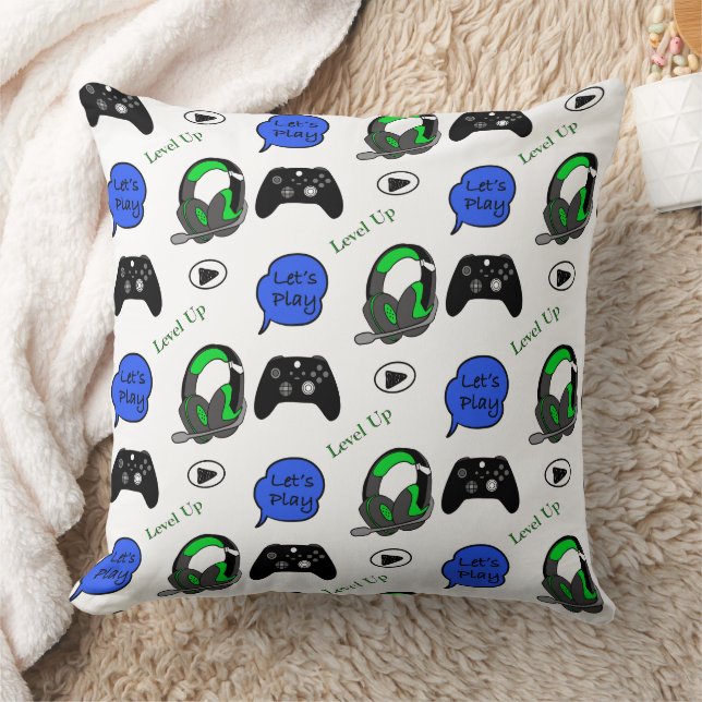 Gamer Boy Blue, Lime Green and Black   Throw Pillow (Blanket)