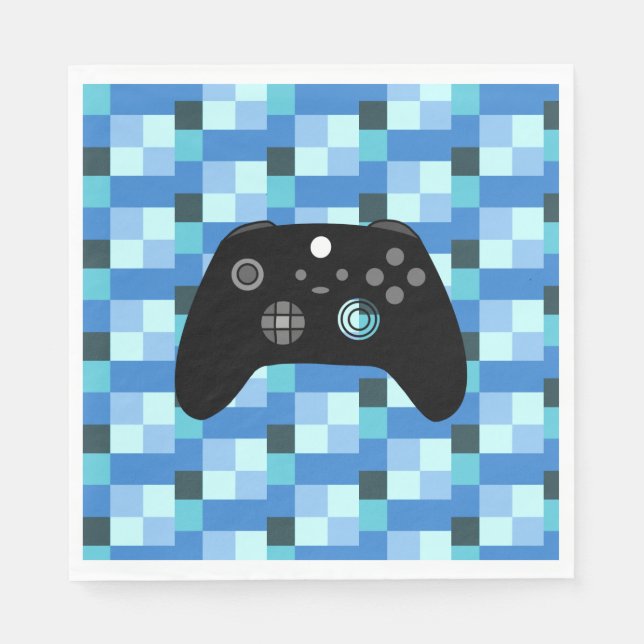 Gamer Boy Blue Pixels Birthday  Napkins (Front)