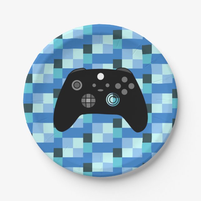 Gamer Boy Blue Pixels Birthday Paper Plates (Front)