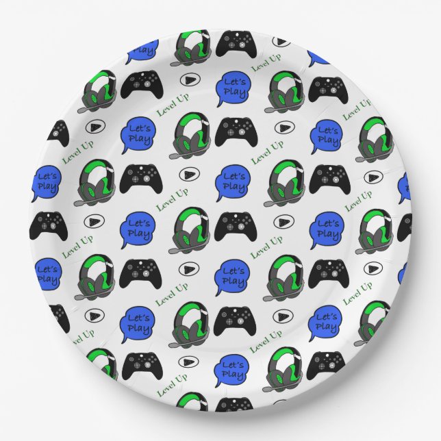 Gamer Boy Blue Pixels Birthday   Paper Plates (Front)
