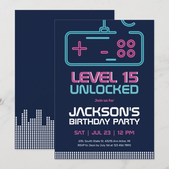 Gamer Boy Level Unlocked Video Games Blue Birthday Invitation (Front/Back)