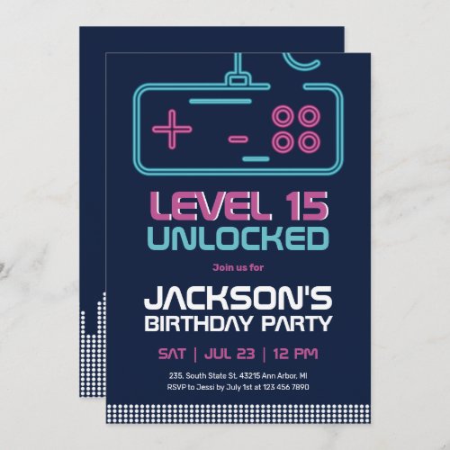 Gamer Boy Level Unlocked Video Games Blue Birthday Invitation