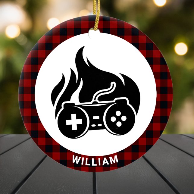 Gamer Boy Name Red Plaid Custom Christmas Ceramic Ornament (Gamer Boy Name Red Plaid Custom Christmas Ceramic Ornament
)