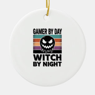 Gamer By Day Witch By Night Retro Halloween Design Ceramic Ornament