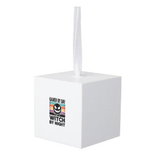 Gamer By Day Witch By Night Retro Halloween Design Cube Ornament