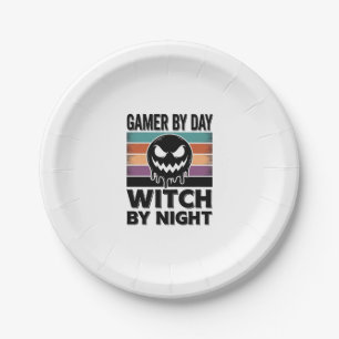 Gamer By Day Witch By Night Retro Halloween Design Paper Plates