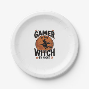 Gamer By Day Witch By Night Vintage Gaming Design_ Paper Plates