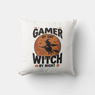 Gamer By Day Witch By Night Vintage Gaming Design_ Throw Pillow