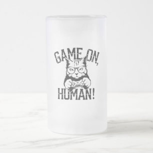 Gamer Cat Design Game On Human - Cute Funny Cat Frosted Glass Beer Mug