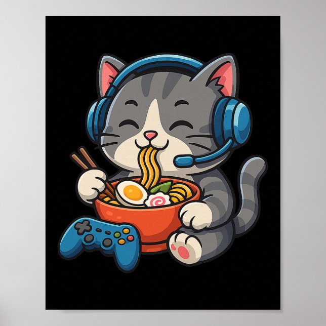 Gamer Cat Eating Ramen - Gaming Lover Console Game Poster (Front)