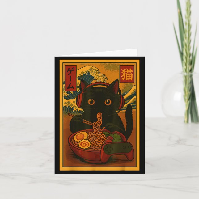 Gamer Cat Eating Ramen Japanese Style  Card (Front)