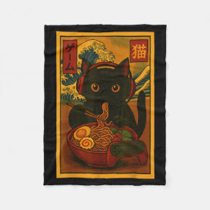 Gamer Cat Eating Ramen Japanese Style  Fleece Blanket