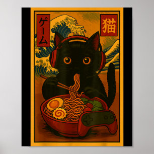 Gamer Cat Eating Ramen Japanese Style  Poster