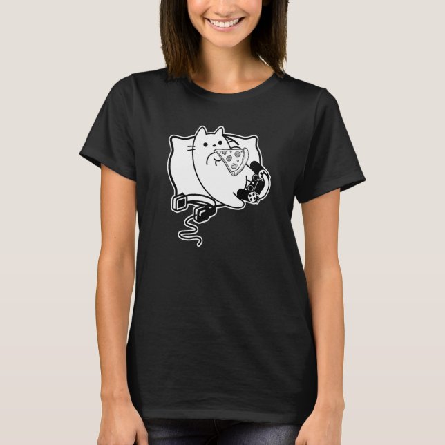 Gamer Cat Girl Boy loading Pizza Headset and Pad T-Shirt (Front)