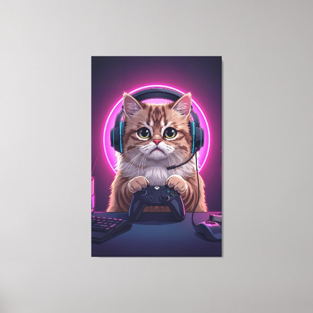 Gamer Cat Kids Canvas – Funny Cartoon Kitten Print (Front)