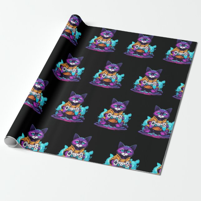 Gamer cat, kitten with game controller anime style wrapping paper (Unrolled)