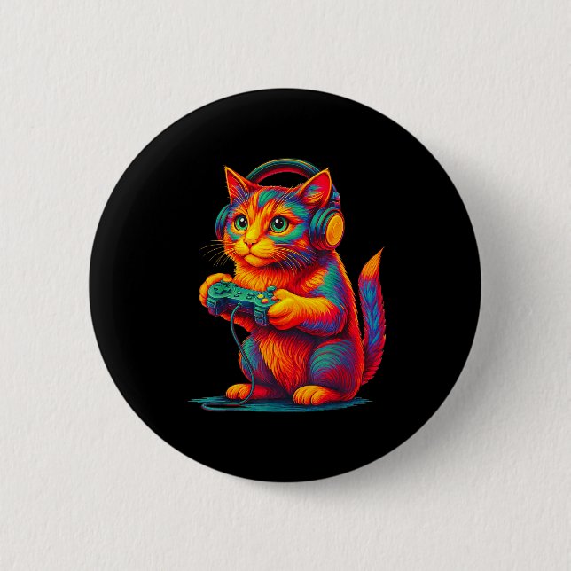 Gamer Cat Video Games Boys Teen Men Girls Funny Gi Button (Front)