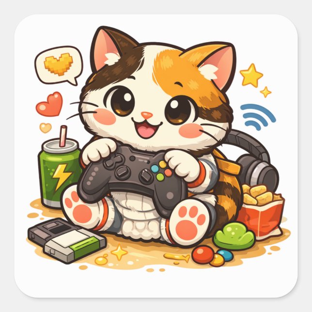 Gamer Cat with Controller | Funny Gaming Cat Desig Square Sticker (Front)
