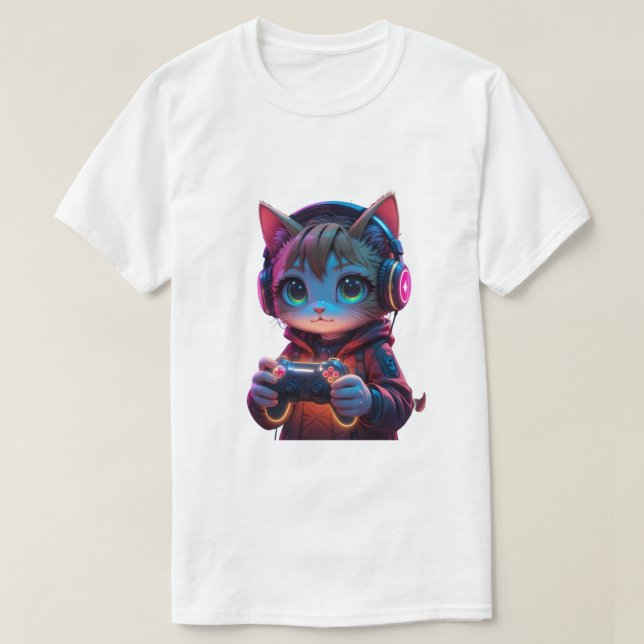 Gamer Cat with PlayStation Controller T-Shirt (Design Front)