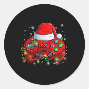Gamer Christmas Video Game Santa Hat Lights Gaming Classic Round Sticker
