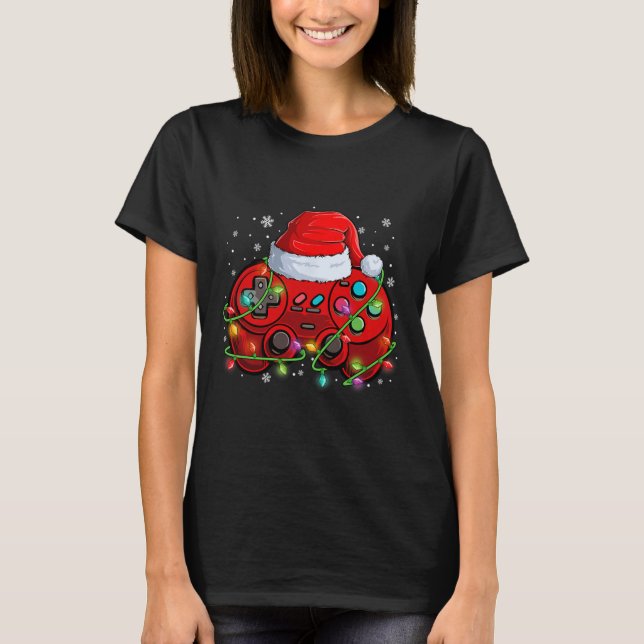 Gamer Christmas Video Game Santa Hat Lights Gaming T-Shirt (Front)