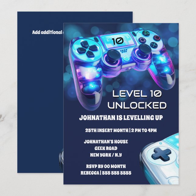 Gamer console neon lights boys gaming party invitation (Front/Back)