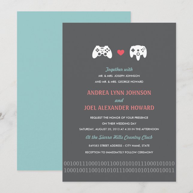 Gamer Controller Love Wedding Invites - Red & Gray (Front/Back)