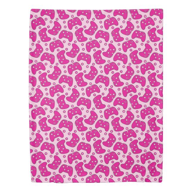 Gamer Cute Girly Hot Pink Video Game Controllers Duvet Cover (Front)