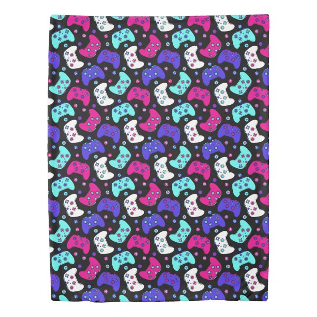 Gamer Cute Neon Pink Blue Video Game Controllers Duvet Cover (Front)