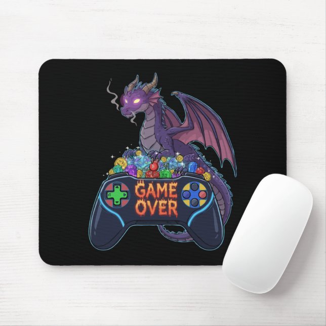 Gamer Dragon Guarding RPG Dice Hoard on "Game Over Mouse Pad (With Mouse)