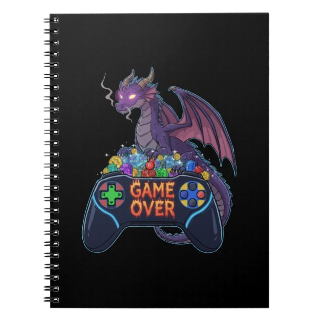 Gamer Dragon Guarding RPG Dice Hoard on "Game Over Notebook (Front)