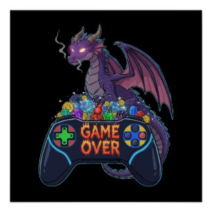 Gamer Dragon Guarding RPG Dice Hoard on "Game Over Poster