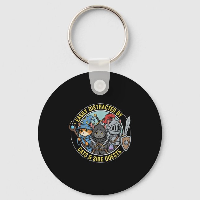 Gamer Easily Distracted By Cats Side Quests Rpg Ca Keychain (Front)