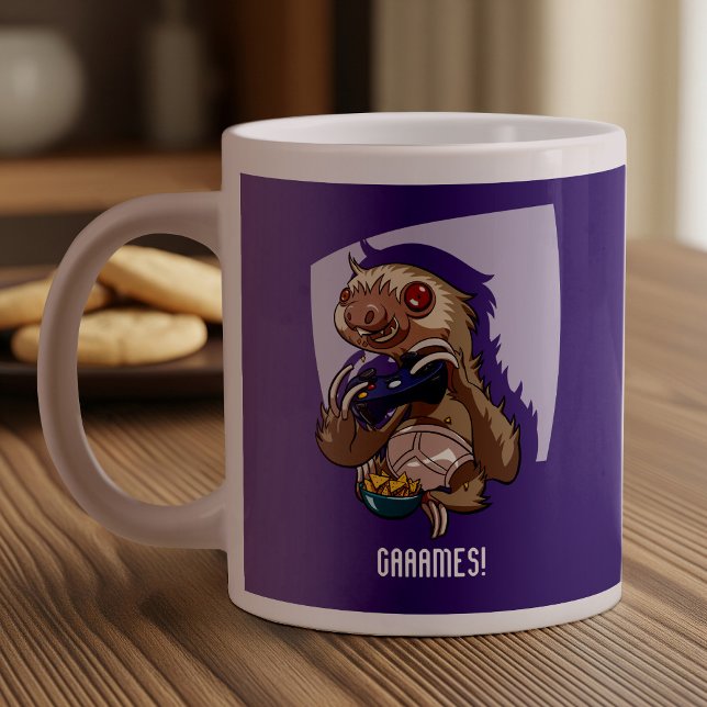 Gamer Eating Nachos in Underpants Cartoon Sloth Giant Coffee Mug (Creator Uploaded)