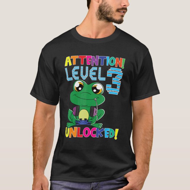 Gamer Frog Boy Attention Level 3 Unlocked Gaming B T-Shirt (Front)