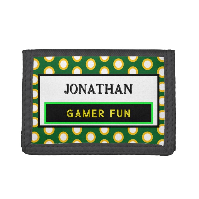 Gamer Fun Green Orange Polka Dots NAME Trifold Wallet (Front)