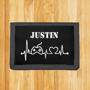 Gamer Gaming Heartbeat Monogram Name Tri-fold Wallet