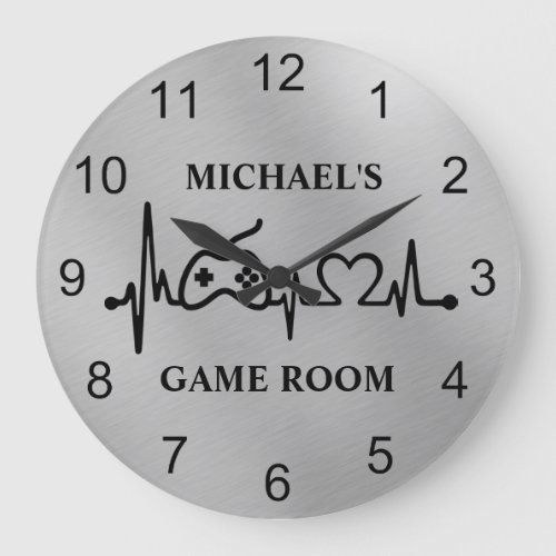 Gamer Gaming Heartbeat Monogram Silver  Large Clock