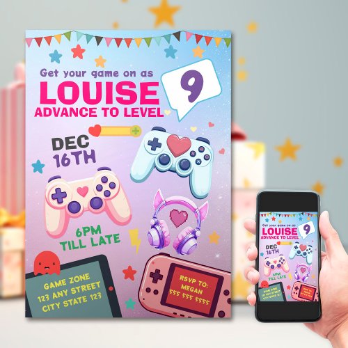 Gamer Girl Colorful Pink Video Game Birthday Invitation