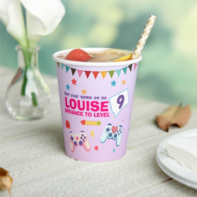 Gamer Girl Colorful Pink Video Game Birthday Paper Cups (Insitu)