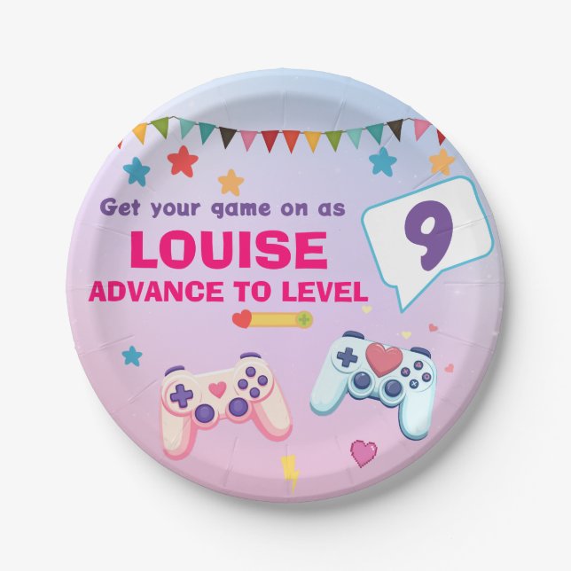 Gamer Girl Colorful Pink Video Game Paper Plates (Front)