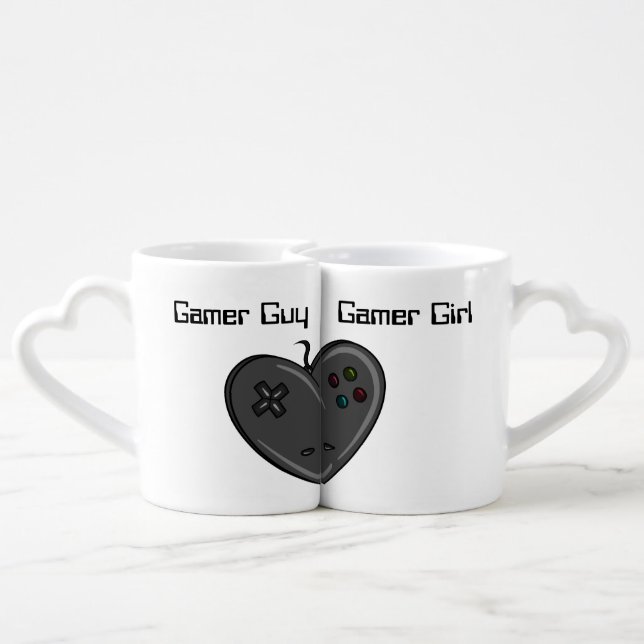 Gamer Girl & Guy Heart Shaped Controller Coffee Mug Set (Back Nesting)